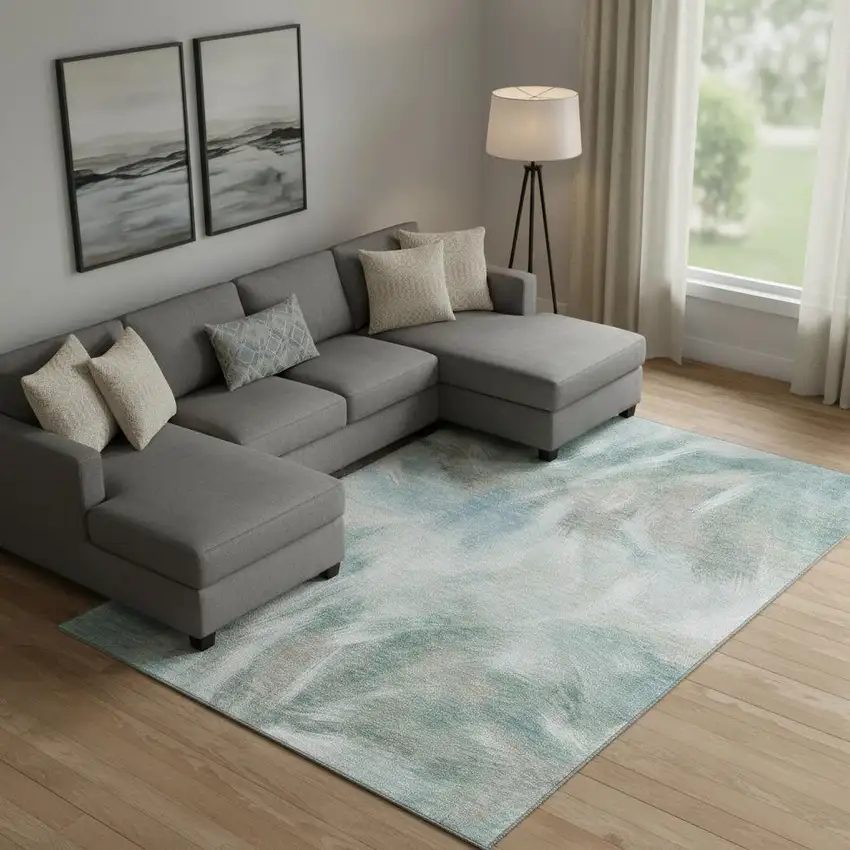 Sky Blue And Ivory Abstract Washable Area Rug With UV Protection Photo 2