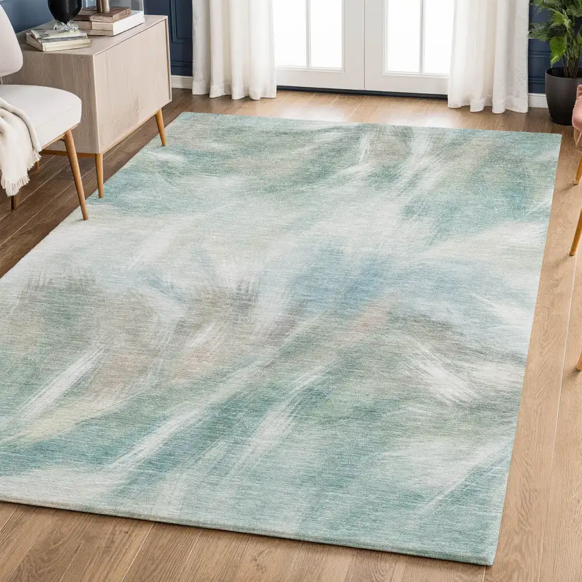 Sky Blue And Ivory Abstract Washable Area Rug With UV Protection Photo 6