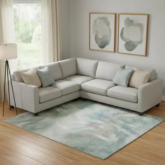 Sky Blue And Ivory Abstract Washable Area Rug With UV Protection Photo 2