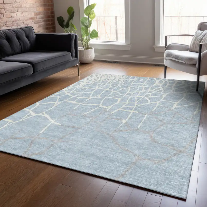 Sky Blue And Ivory Abstract Washable Indoor Outdoor Area Rug Photo 8