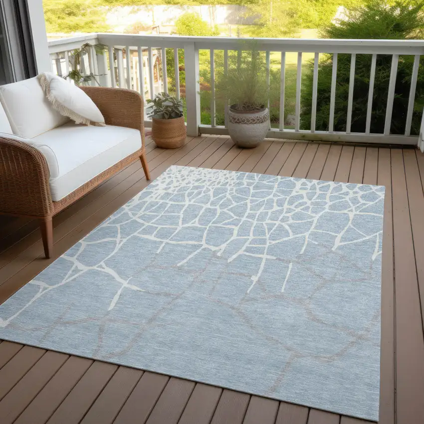 Sky Blue And Ivory Abstract Washable Indoor Outdoor Area Rug Photo 7