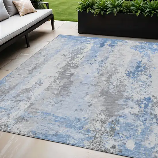 Sky Blue And Ivory Abstract Washable Indoor Outdoor Area Rug Photo 2