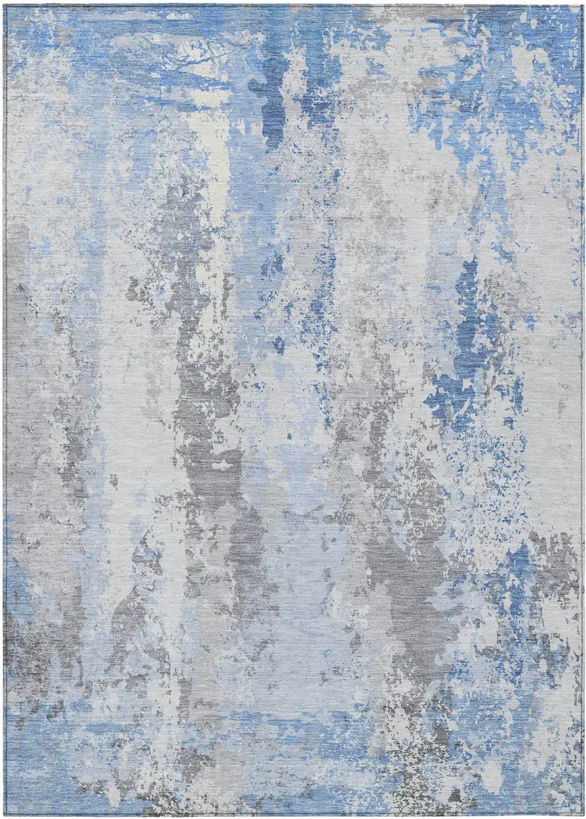 Sky Blue And Ivory Abstract Washable Indoor Outdoor Area Rug Photo 1