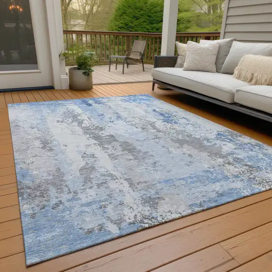 Sky Blue And Ivory Abstract Washable Indoor Outdoor Area Rug Photo 8