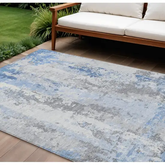 Sky Blue And Ivory Abstract Washable Indoor Outdoor Area Rug Photo 2