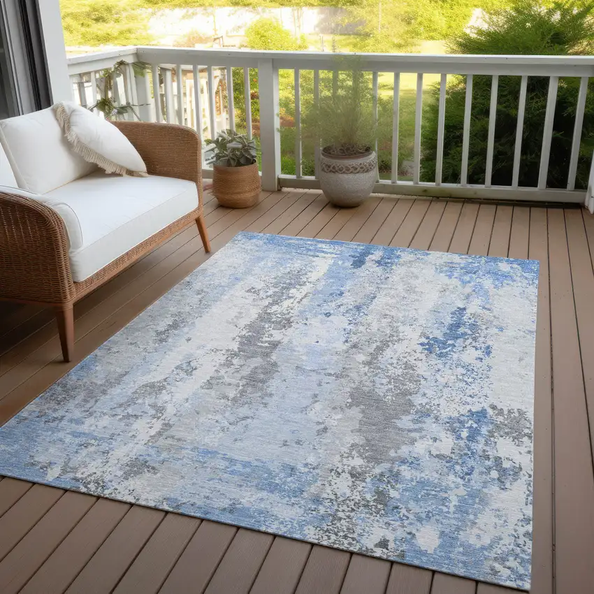 Sky Blue And Ivory Abstract Washable Indoor Outdoor Area Rug Photo 5
