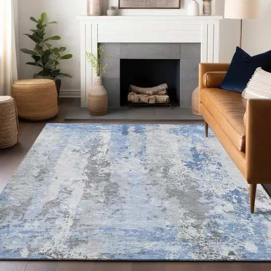 Sky Blue And Ivory Abstract Washable Indoor Outdoor Area Rug Photo 6