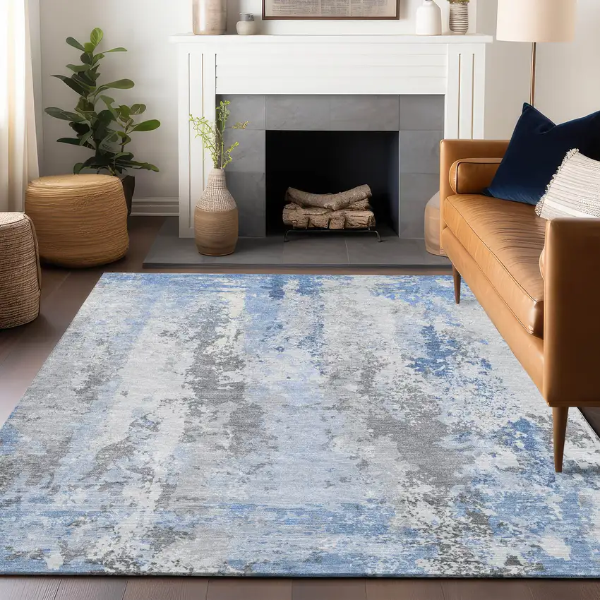 Sky Blue And Ivory Abstract Washable Indoor Outdoor Area Rug Photo 6