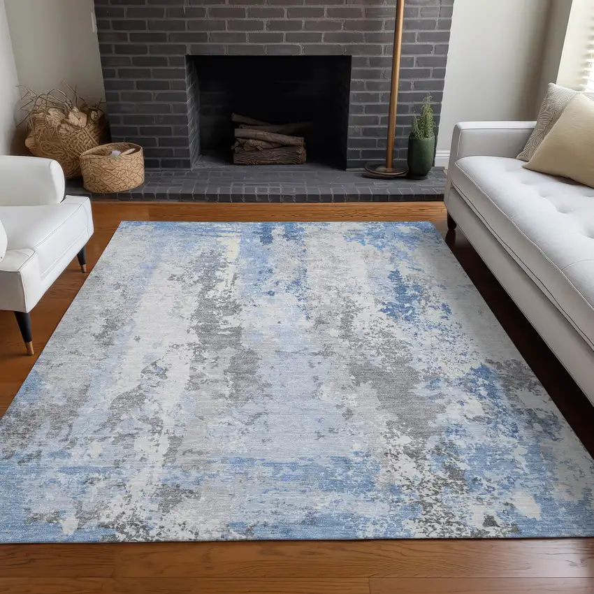 Sky Blue And Ivory Abstract Washable Indoor Outdoor Area Rug Photo 7