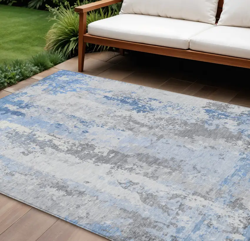 Sky Blue And Ivory Abstract Washable Indoor Outdoor Area Rug Photo 2