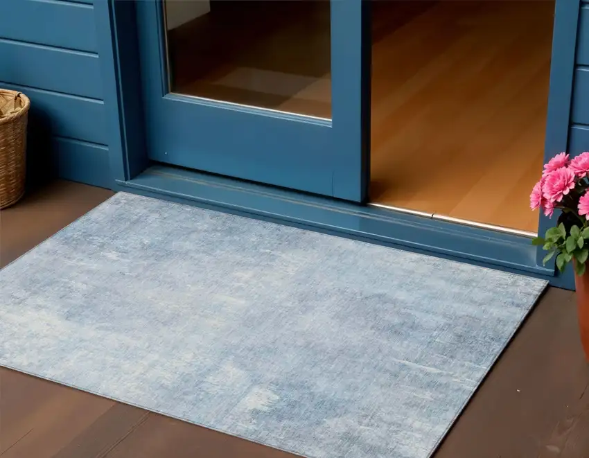 Sky Blue And Ivory Abstract Washable Indoor Outdoor Area Rug Photo 2