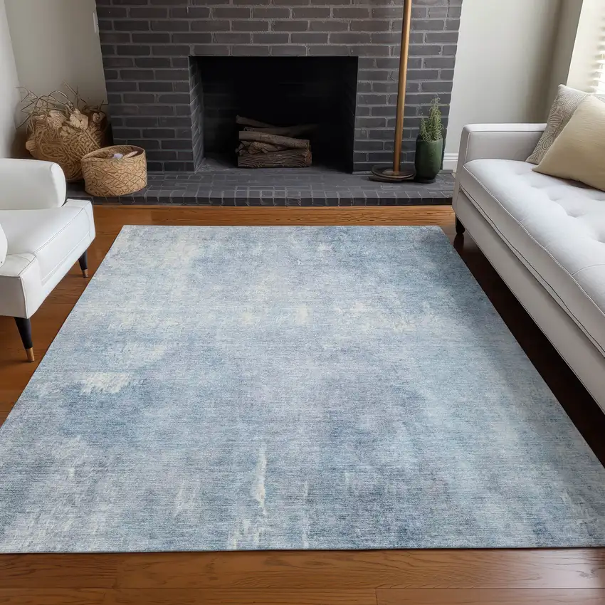 Sky Blue And Ivory Abstract Washable Indoor Outdoor Area Rug Photo 6