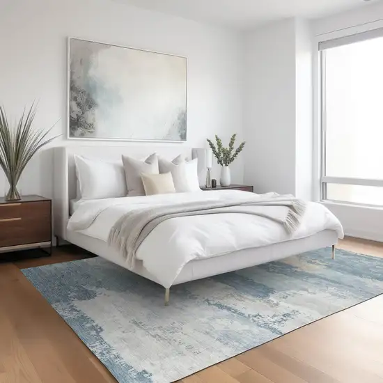 Sky Blue And Ivory Abstract Washable Indoor Outdoor Area Rug Photo 4