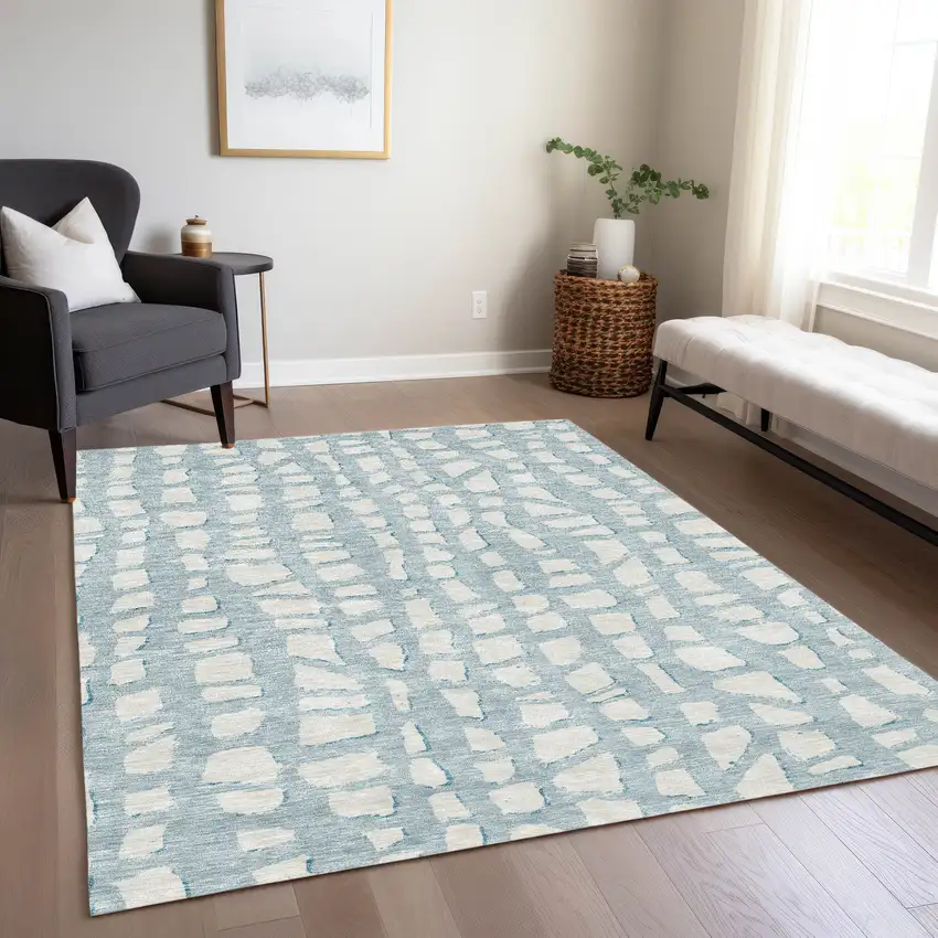 Sky Blue And Ivory Abstract Washable Indoor Outdoor Area Rug Photo 8