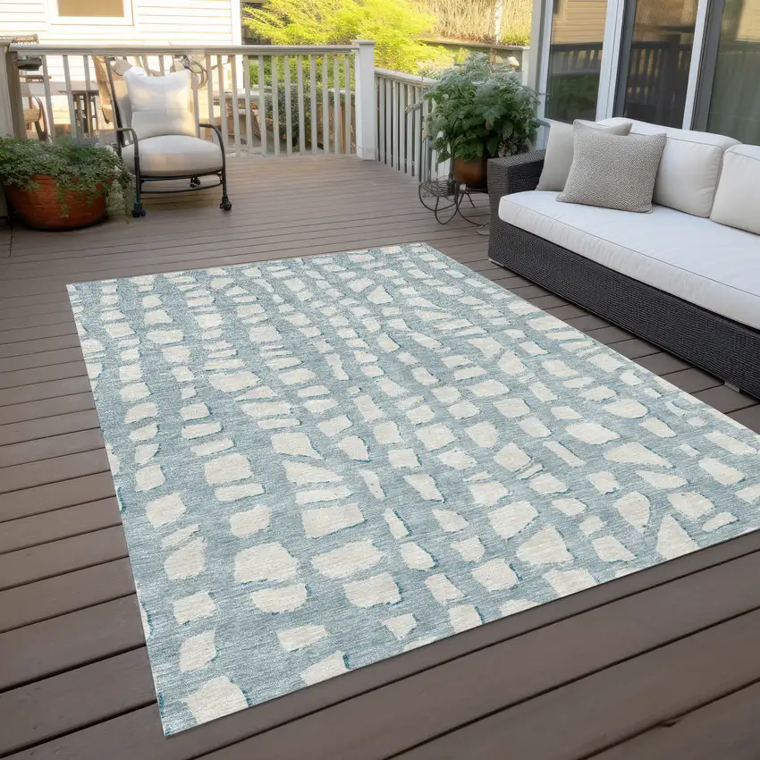 Sky Blue And Ivory Abstract Washable Indoor Outdoor Area Rug Photo 9