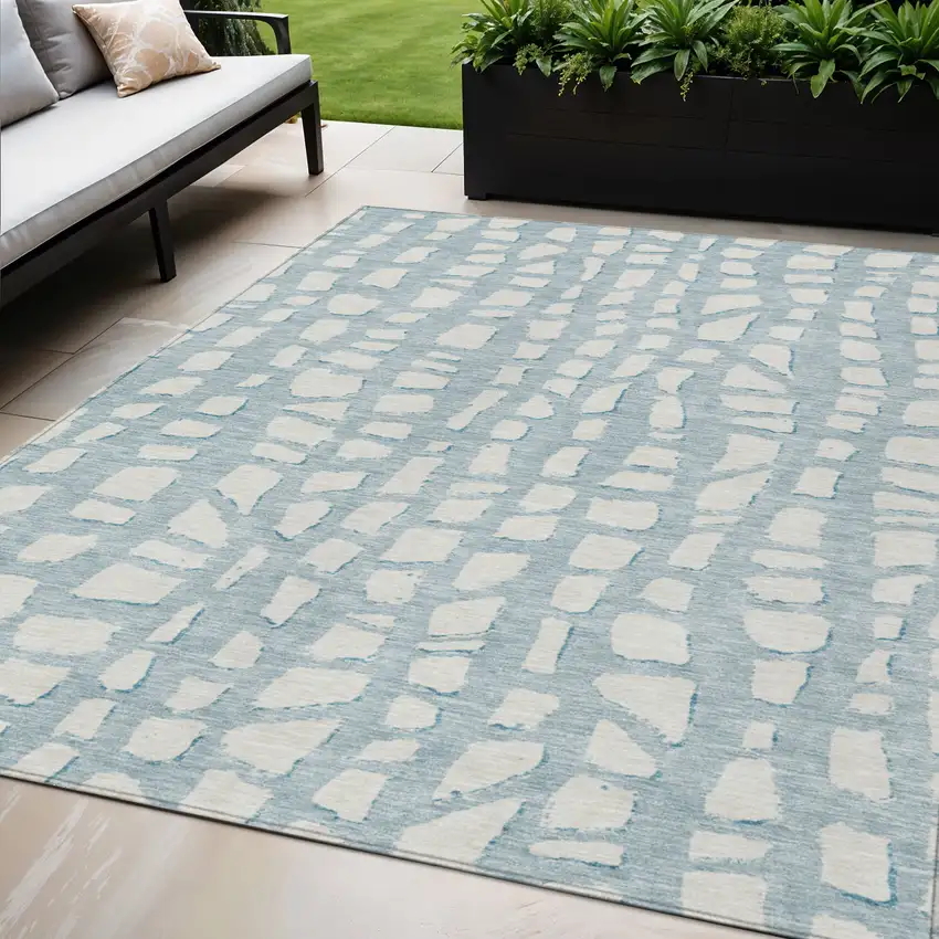Sky Blue And Ivory Abstract Washable Indoor Outdoor Area Rug Photo 1