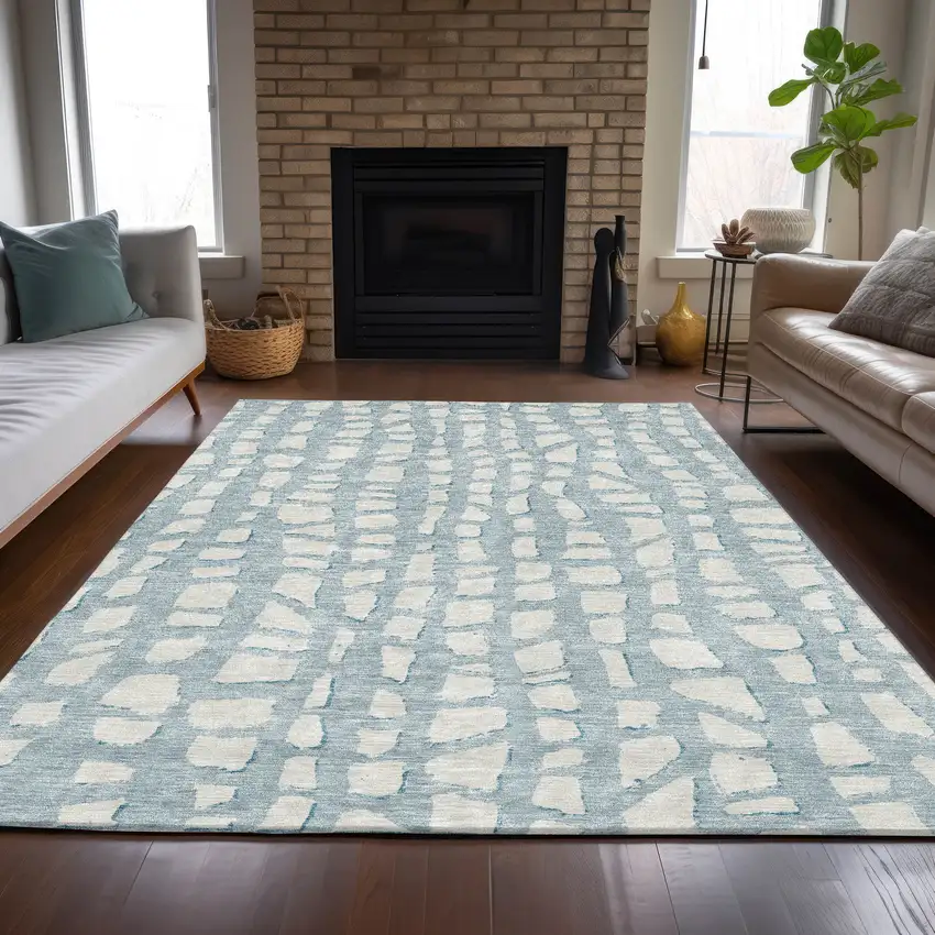 Sky Blue And Ivory Abstract Washable Indoor Outdoor Area Rug Photo 7