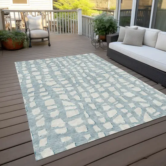 Sky Blue And Ivory Abstract Washable Indoor Outdoor Area Rug Photo 9