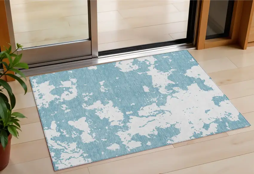 Sky Blue And Ivory Abstract Washable Indoor Outdoor Area Rug Photo 1