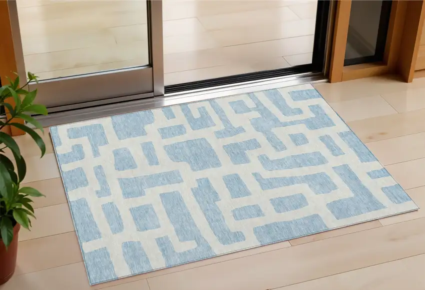 Sky Blue And Ivory Abstract Washable Indoor Outdoor Area Rug Photo 1