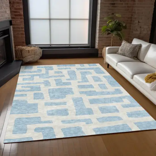 Sky Blue And Ivory Abstract Washable Indoor Outdoor Area Rug Photo 9