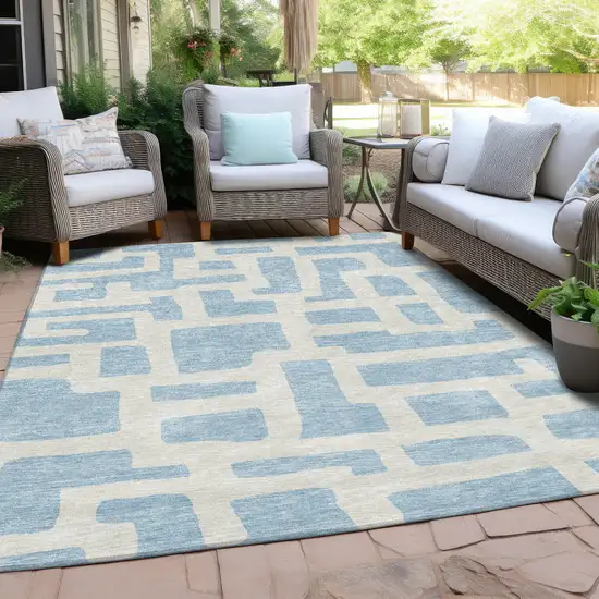 Sky Blue And Ivory Abstract Washable Indoor Outdoor Area Rug Photo 7