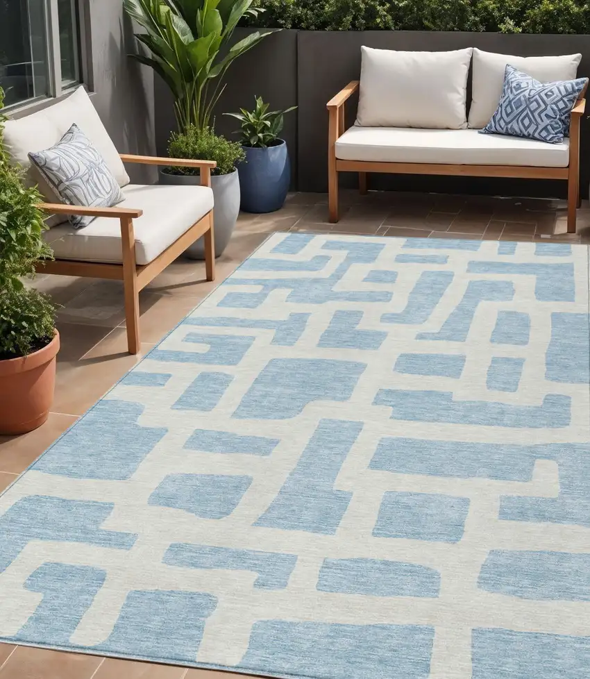 Sky Blue And Ivory Abstract Washable Indoor Outdoor Area Rug Photo 1