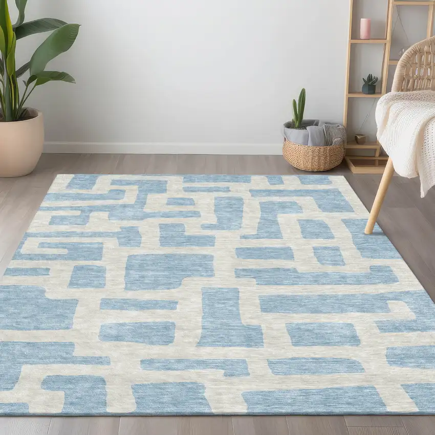 Sky Blue And Ivory Abstract Washable Indoor Outdoor Area Rug Photo 9