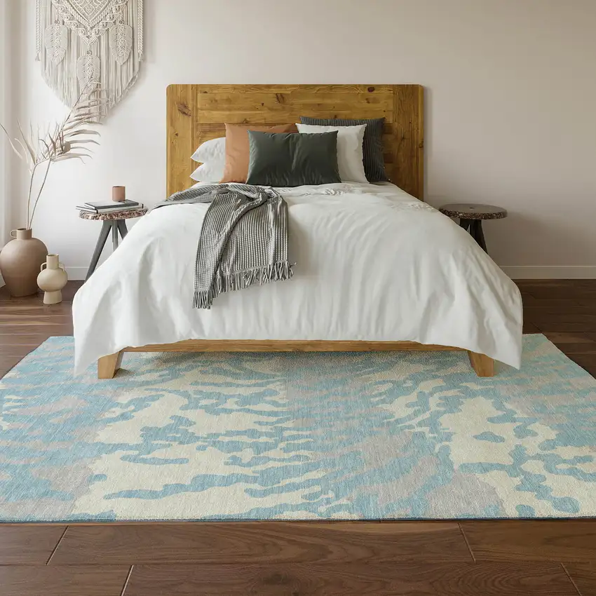 Sky Blue And Ivory Animal Print Washable Area Rug With UV Protection Photo 6