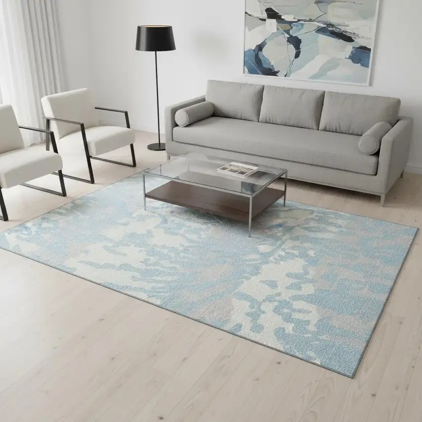 Sky Blue And Ivory Animal Print Washable Area Rug With UV Protection Photo 2