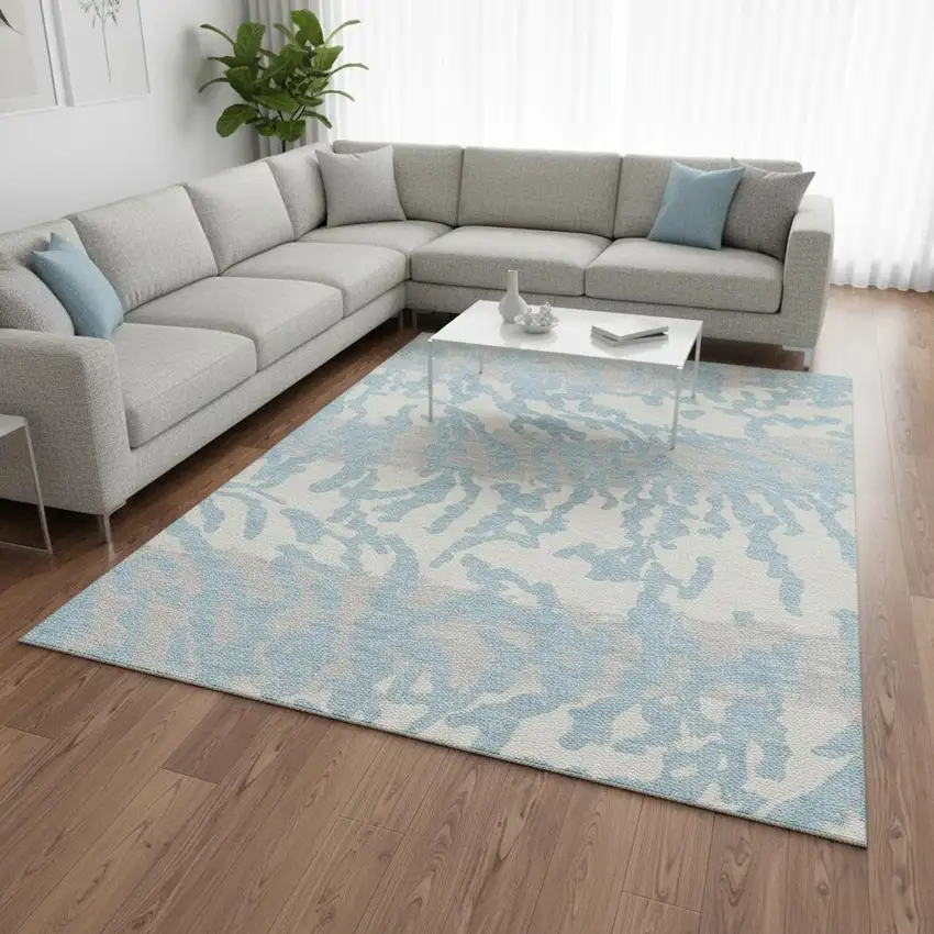Sky Blue And Ivory Animal Print Washable Area Rug With UV Protection Photo 2