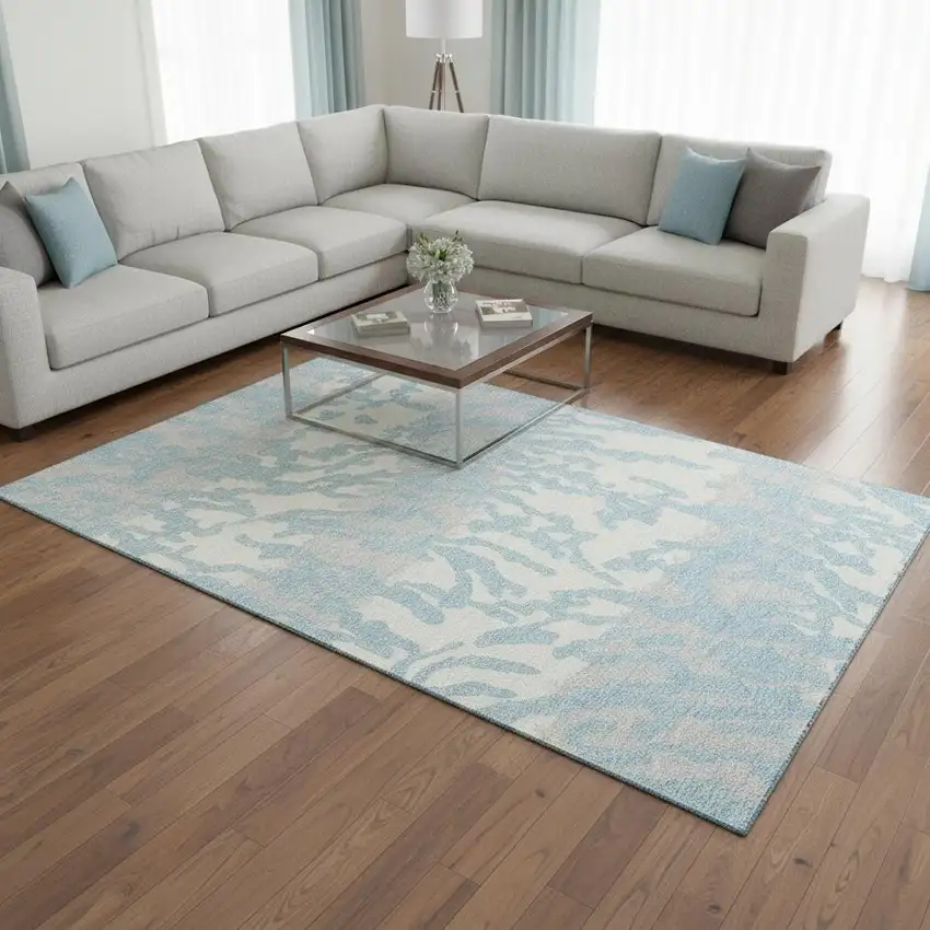 Sky Blue And Ivory Animal Print Washable Area Rug With UV Protection Photo 2