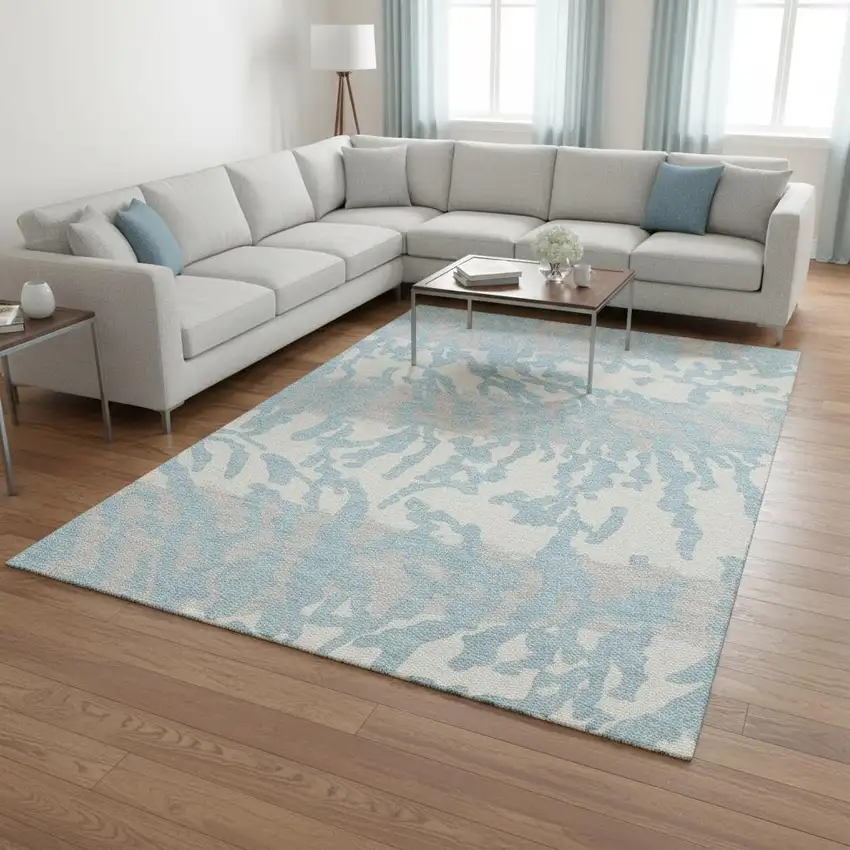 Sky Blue And Ivory Animal Print Washable Area Rug With UV Protection Photo 2