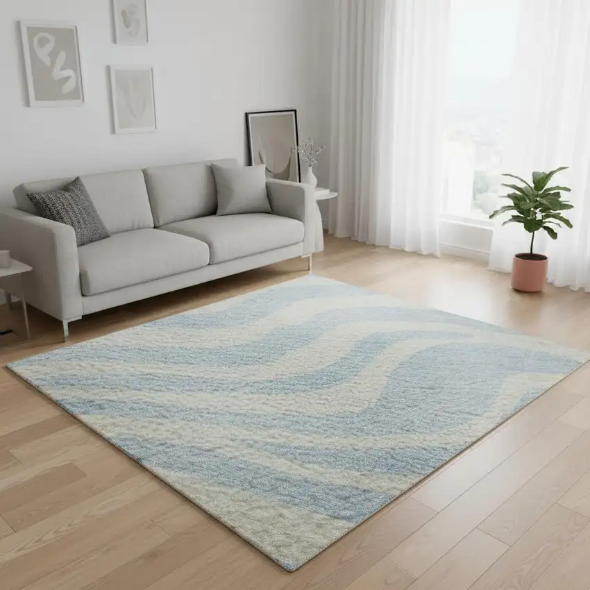 Sky Blue And Ivory Animal Print Washable Area Rug With UV Protection Photo 2