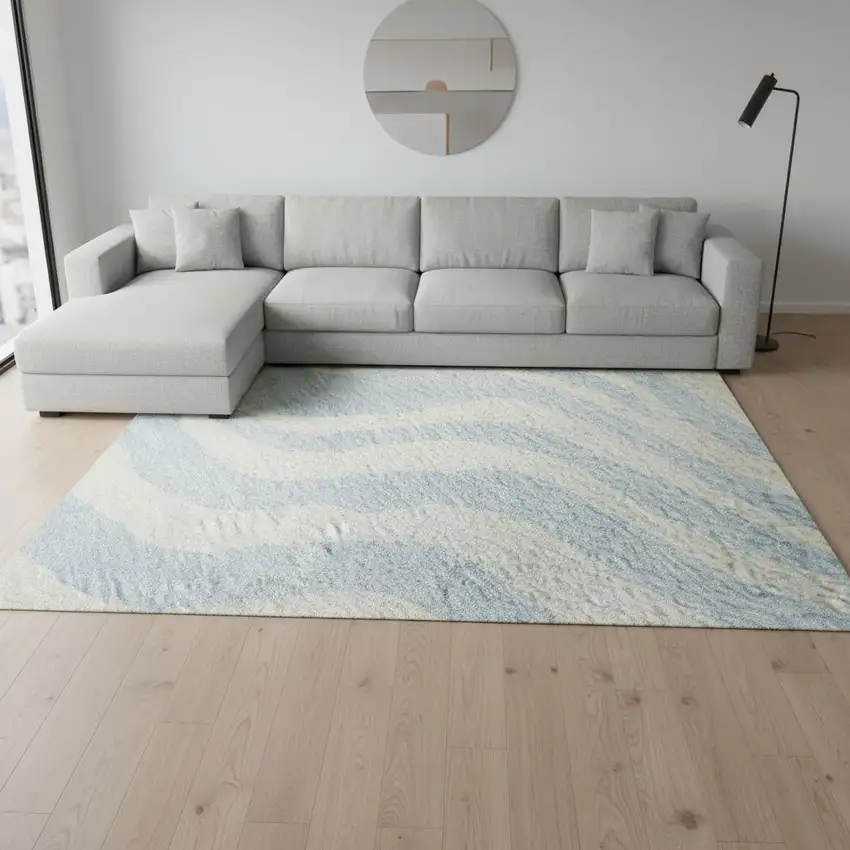 Sky Blue And Ivory Animal Print Washable Area Rug With UV Protection Photo 2