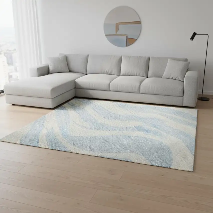 Sky Blue And Ivory Animal Print Washable Area Rug With UV Protection Photo 2