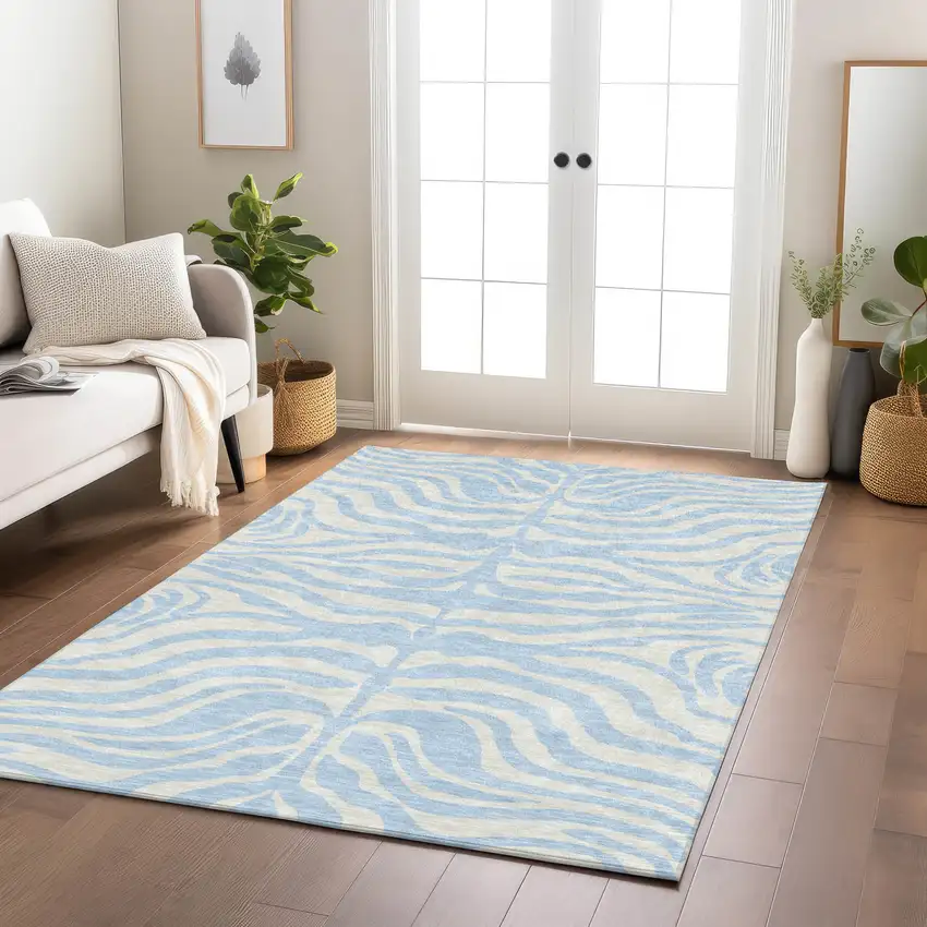 Sky Blue And Ivory Animal Print Washable Indoor Outdoor Area Rug Photo 8