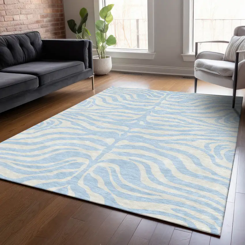 Sky Blue And Ivory Animal Print Washable Indoor Outdoor Area Rug Photo 7