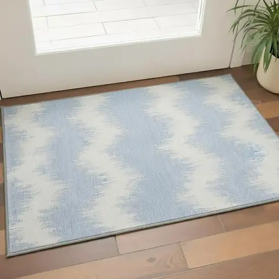 Sky Blue And Ivory Chevron Washable Area Rug With UV Protection Photo 2