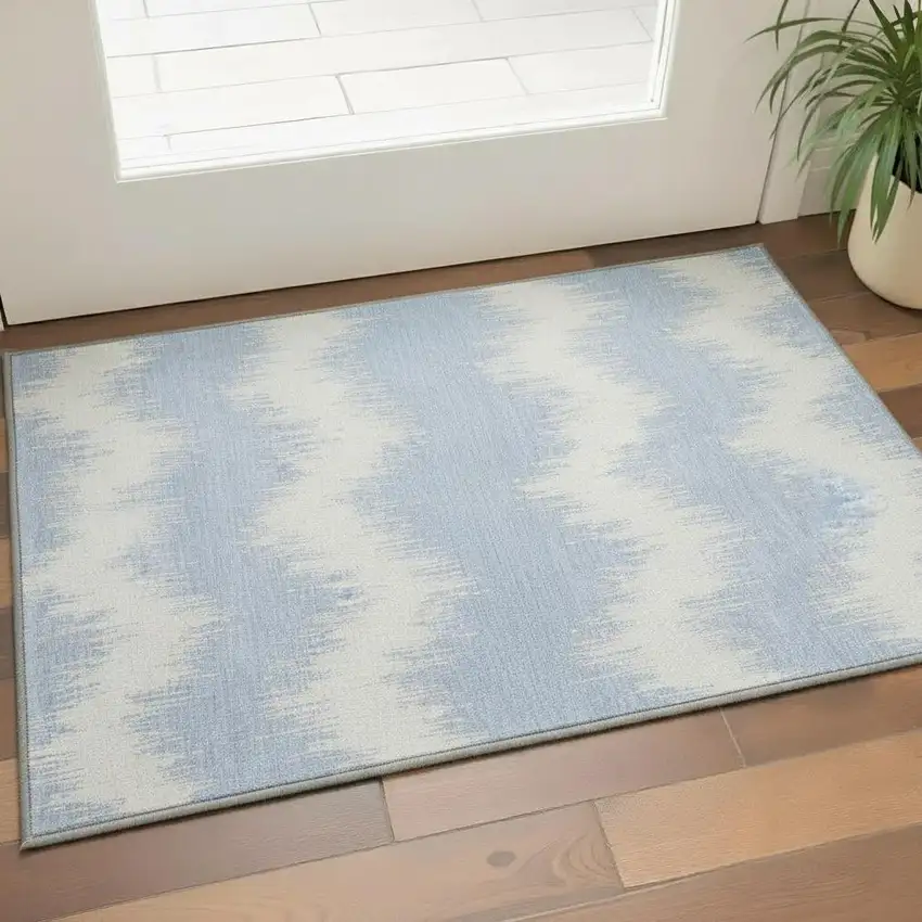 Sky Blue And Ivory Chevron Washable Area Rug With UV Protection Photo 2