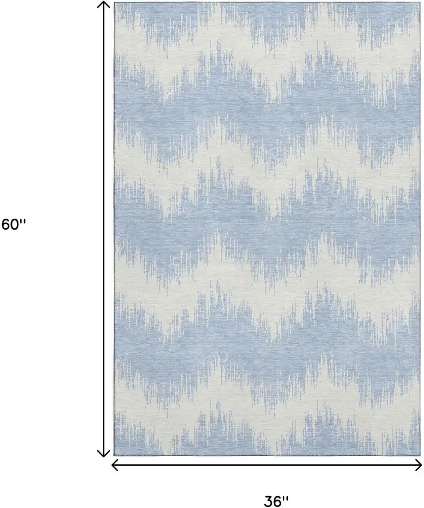 Sky Blue And Ivory Chevron Washable Area Rug With UV Protection Photo 3