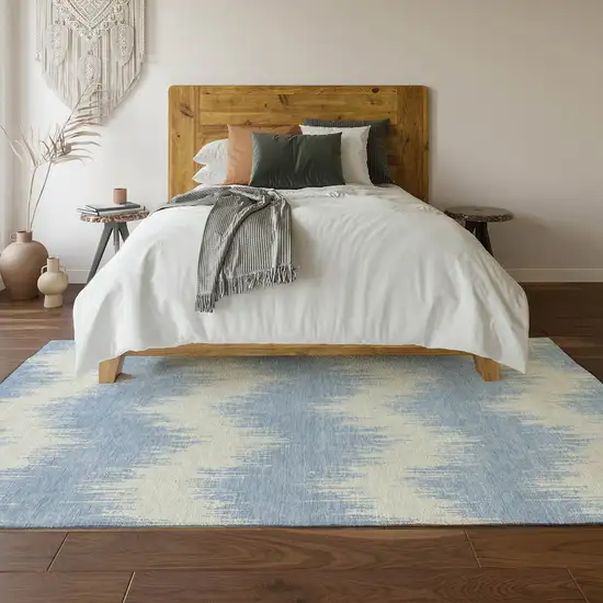 Sky Blue And Ivory Chevron Washable Area Rug With UV Protection Photo 6