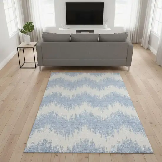 Sky Blue And Ivory Chevron Washable Area Rug With UV Protection Photo 2