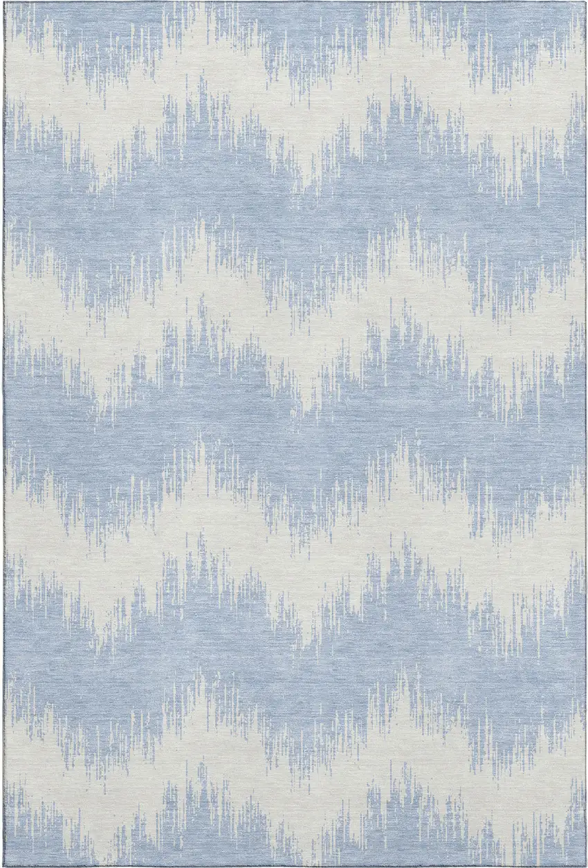 Sky Blue And Ivory Chevron Washable Area Rug With UV Protection Photo 1