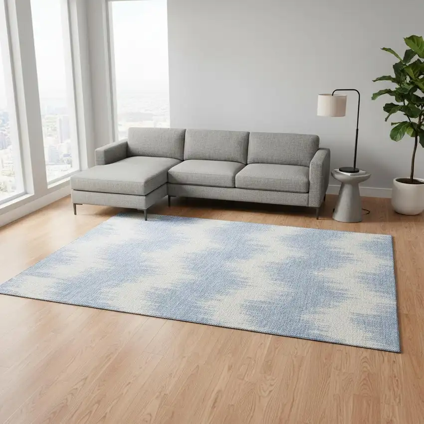 Sky Blue And Ivory Chevron Washable Area Rug With UV Protection Photo 2