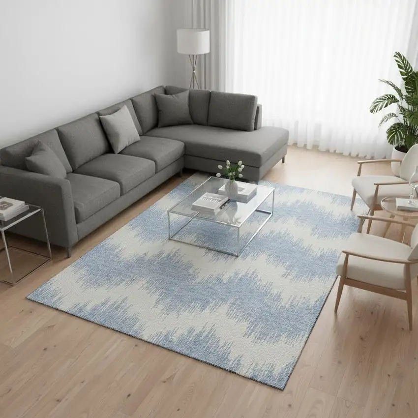 Sky Blue And Ivory Chevron Washable Area Rug With UV Protection Photo 2