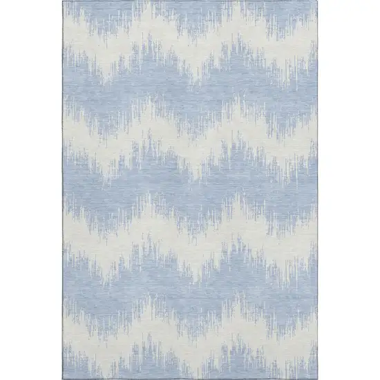 Sky Blue And Ivory Chevron Washable Area Rug With UV Protection Photo 1