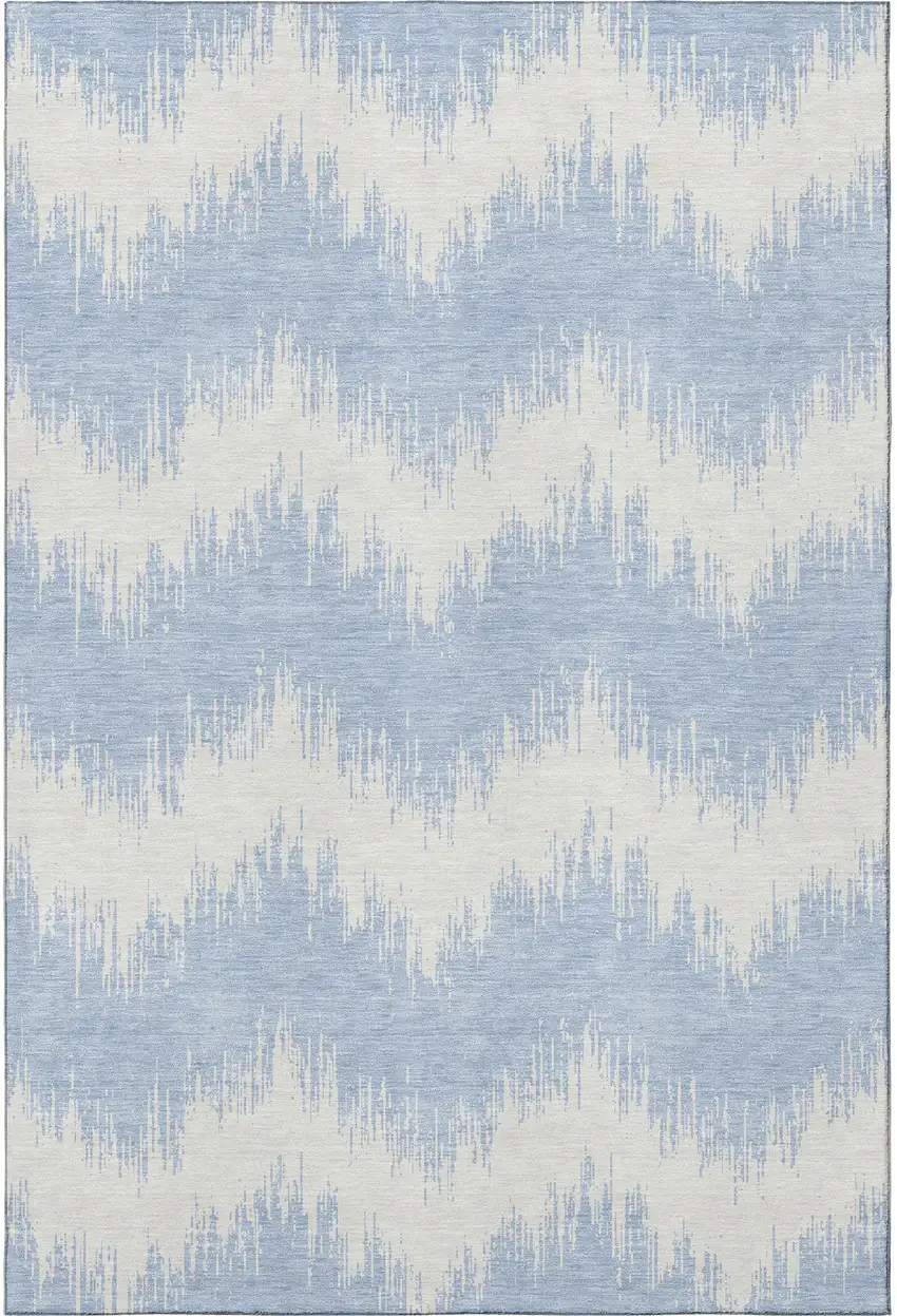 Sky Blue And Ivory Chevron Washable Area Rug With UV Protection Photo 4