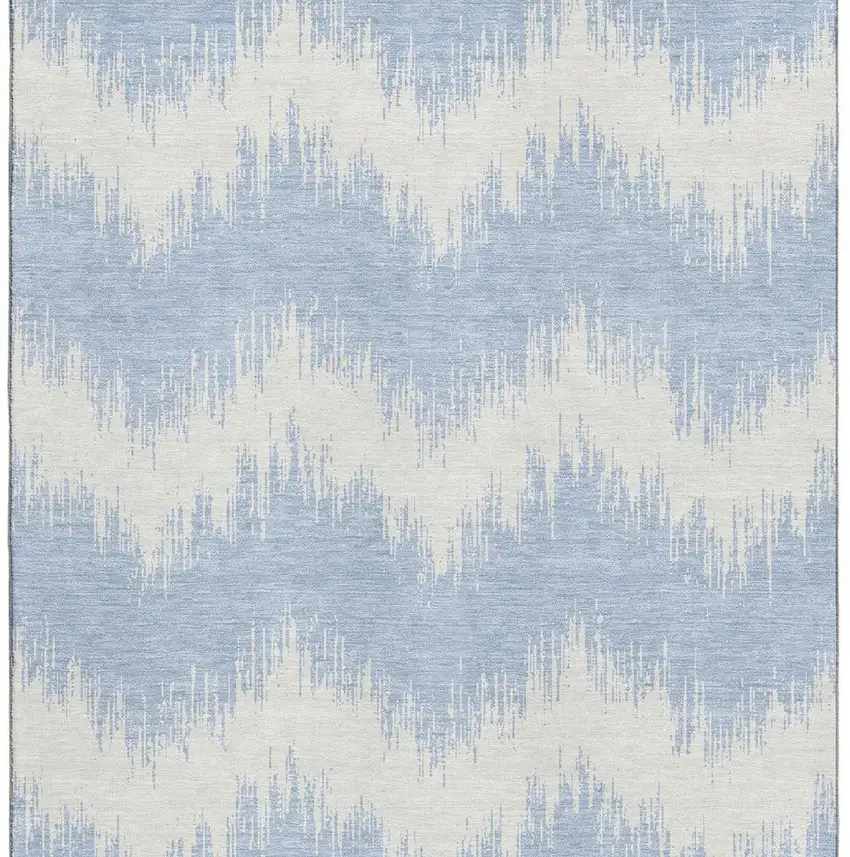 Sky Blue And Ivory Chevron Washable Area Rug With UV Protection Photo 3