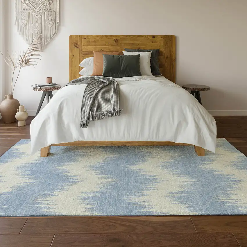 Sky Blue And Ivory Chevron Washable Area Rug With UV Protection Photo 6